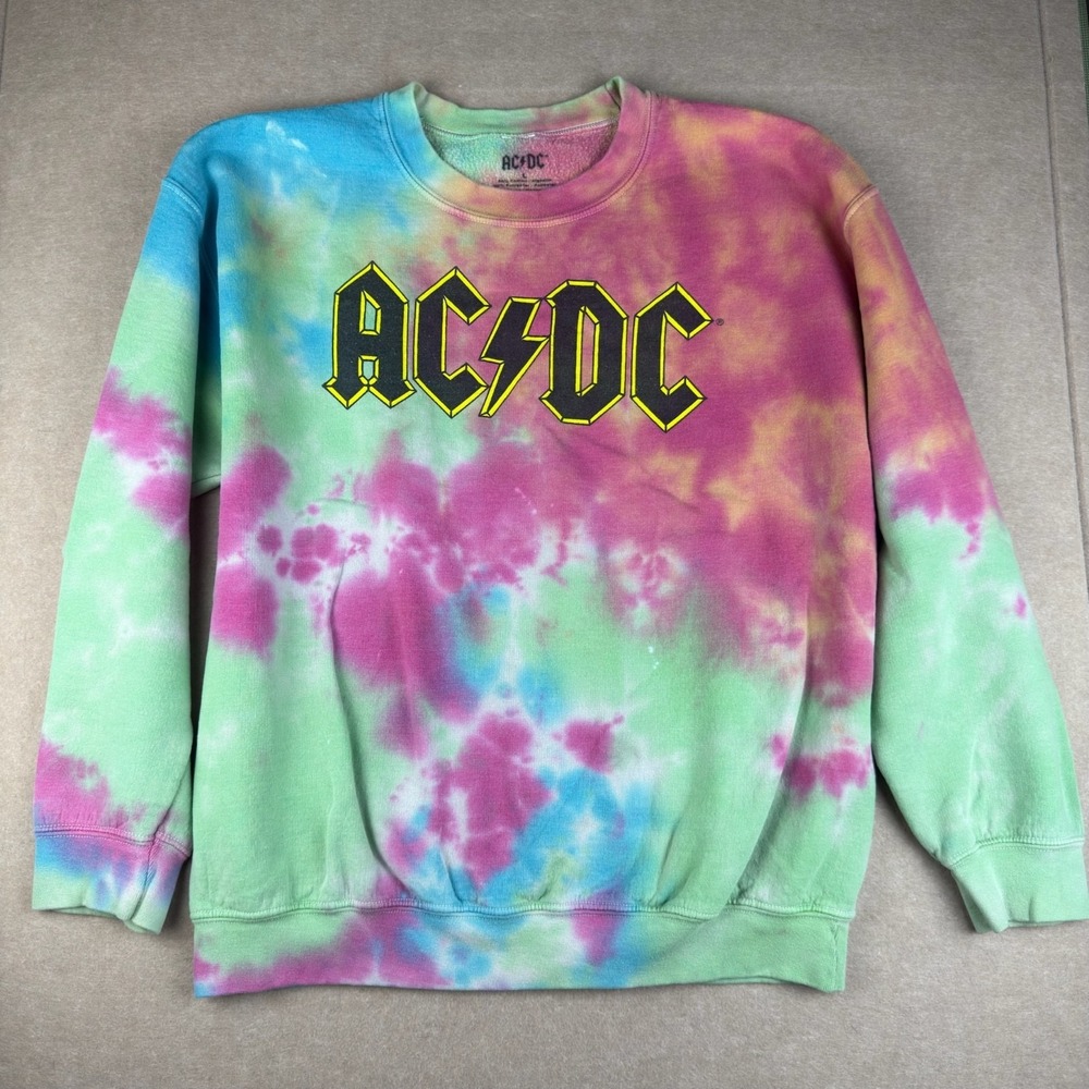 AC/DC Tie Dye Crewneck Sweatshirt Adult L Multicolor Rock Band Logo